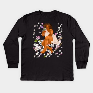 Curvy lady Mother Nature s bounty - Curvy body positive plus size woman with Humming bird  and the First cherry blossoms of spring delicate white  and pink flowers  Flora and fauna foliage Kids Long Sleeve T-Shirt